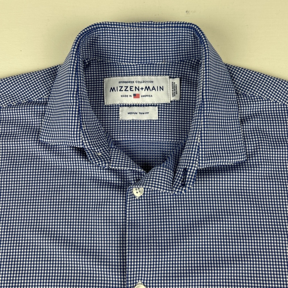 Mizzen + Main Spinnaker Shirt Mens Medium Trim Blue White Check L/S Stretch